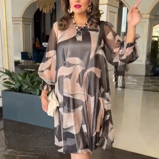 š„Round Neck Long Sleeve Printed Flowy Dress