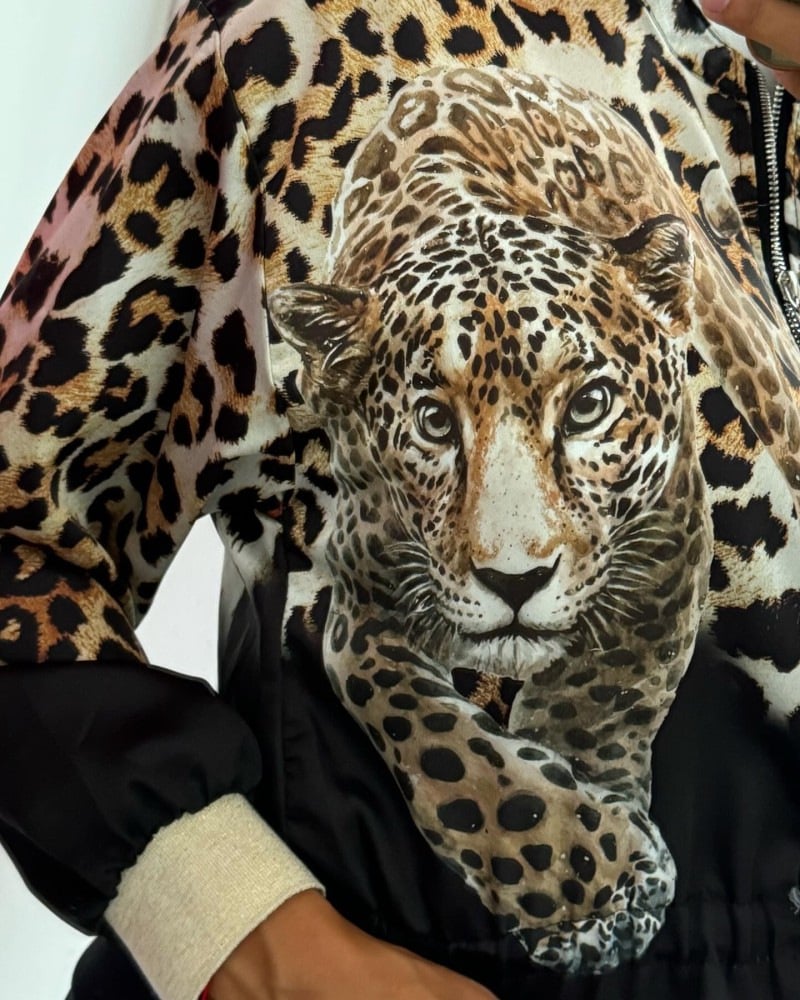 Leopard Unique Print Zipper Drawstring Hem Bomber Jacket