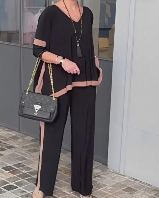 ⏳Summer V-neck patchwork 3/4 sleeve two-piece suit