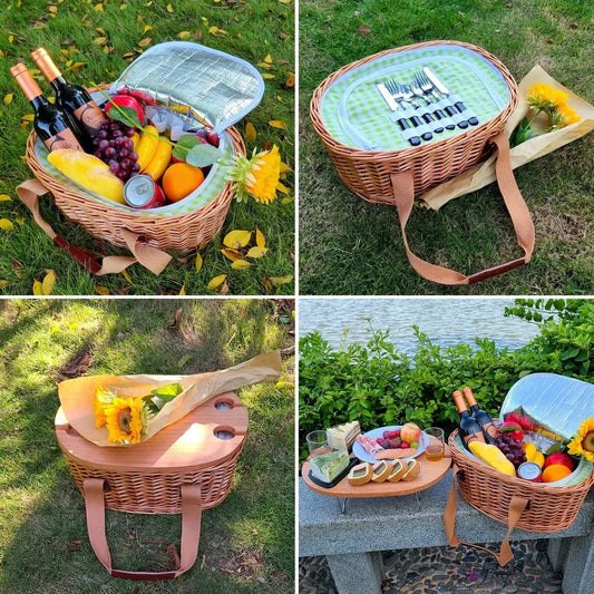 insulated wicker picnic basket with foldable wine table and tableware service set
