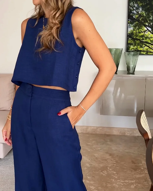 Casual Linen Elegant Solid Color Two-piece Set