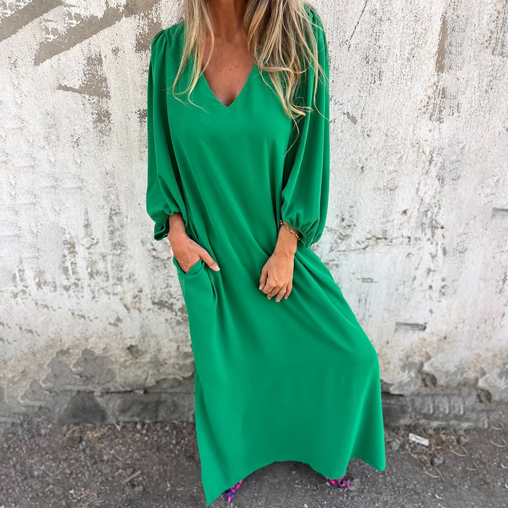 Loose V-neck solid color women's lantern sleeve dress