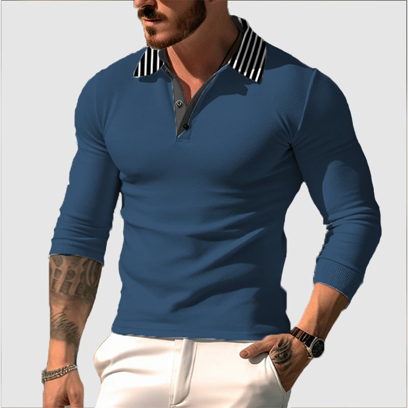 Men's striped lapel sports casual top T-shirt