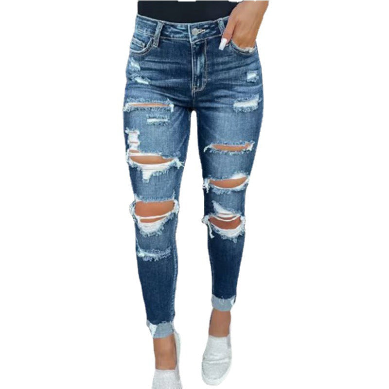 Ripped Rolled Hem Mid Waist Skinny Jeans
