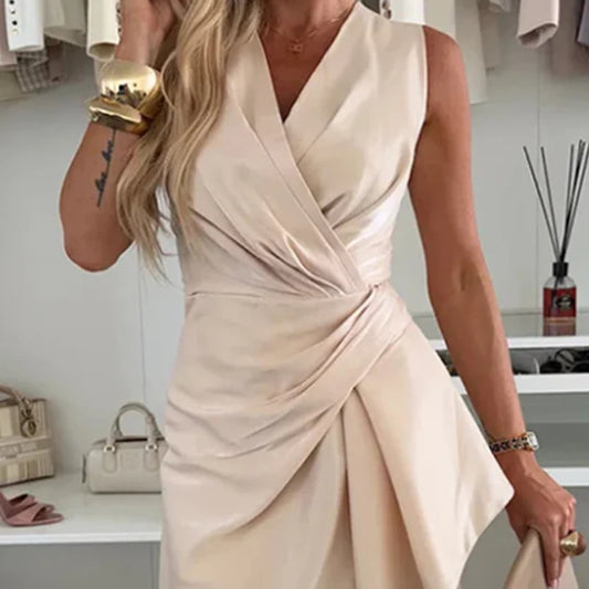 Satin V-Neck Ruched Midi Dress with Irregular Ruffle Hem