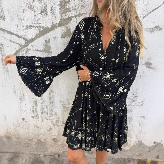 💖Women's Geometric Print Comfortable V-Neck Midi-Dress