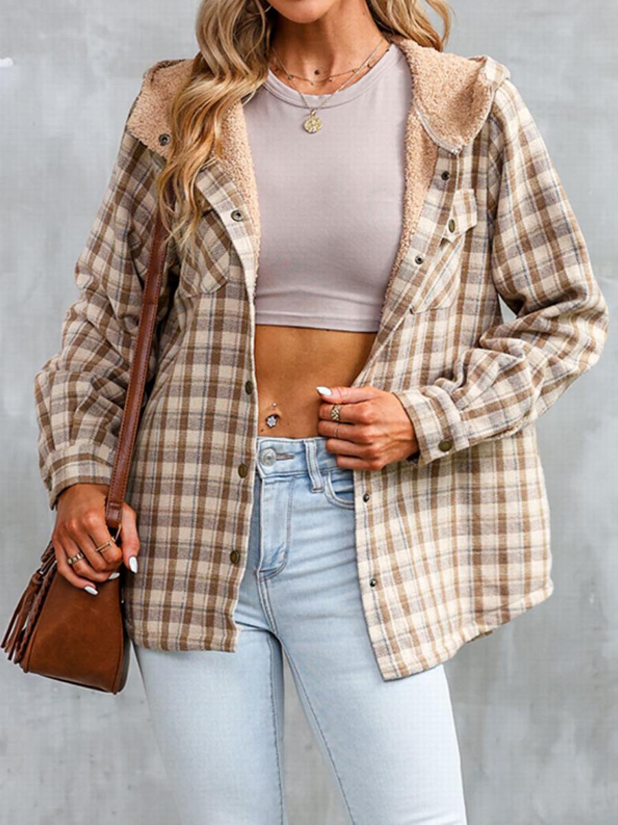 ⏰Hot Sale-Women's Plaid Long Sleeve Button Fleece Hooded Jacket