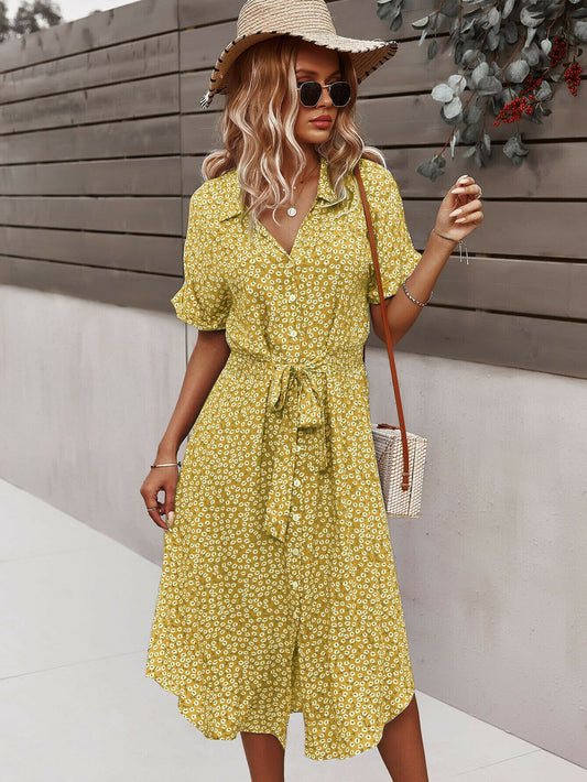 Floral Print Lapel Button Knotted Short Sleeve Dress