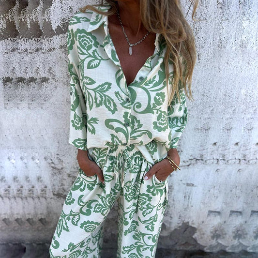Women’s Stylish Print Lapel Button Shirt and Wide-leg Pants 2-piece Set