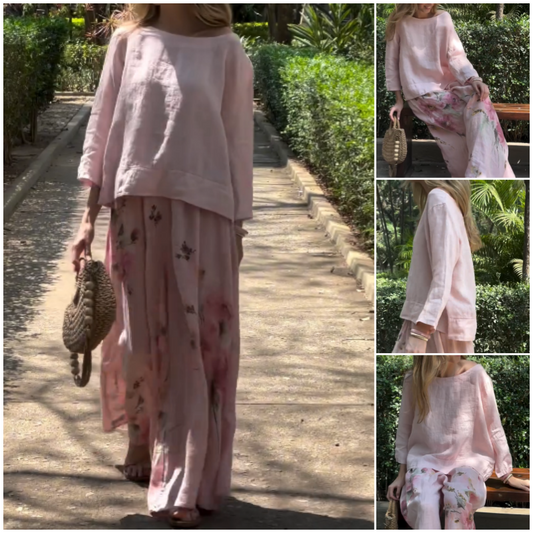 ๐ธ Solid Tops & Floral Wide-Leg Pants (2-Piece Set)