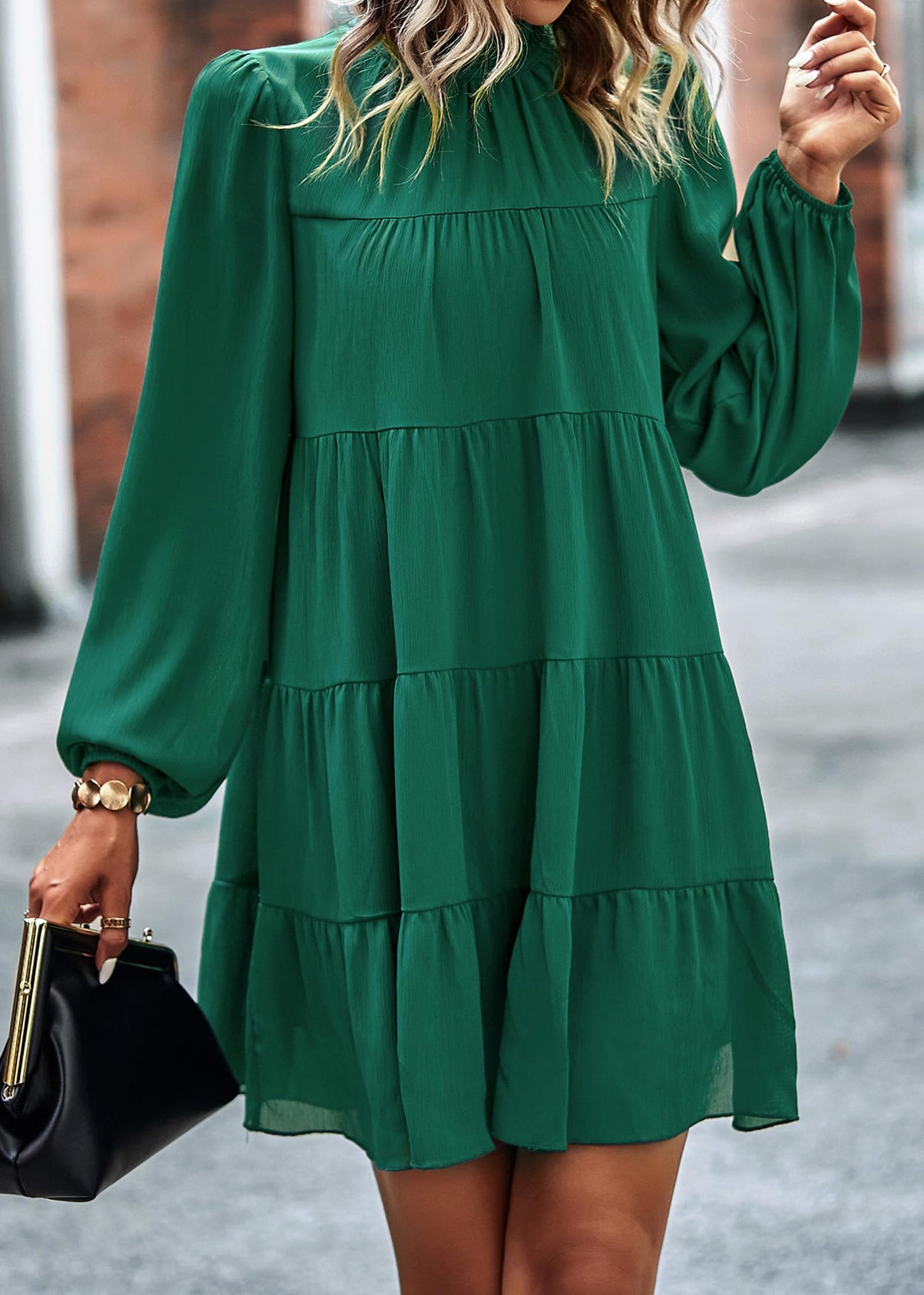 Womens Casual Long Sleeve Mock Neck Ruffle Tiered Babydoll Dress