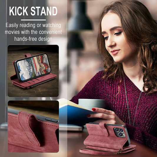 Luxurious & High-end Leather Wallet Flip iPhone Case with Wrist Strap