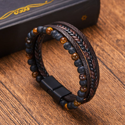 Natural Stone Obsidian Magnetic Buckle Men's Leather Bracelet-3 styles