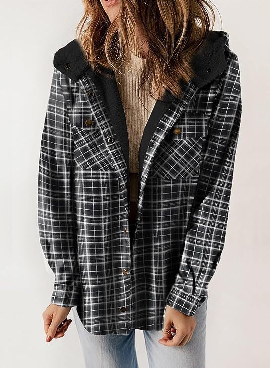 Women's Autumn/Winter Plaid Jacket Long Sleeve Buckle Wool Hooded Jacket Warm Coat