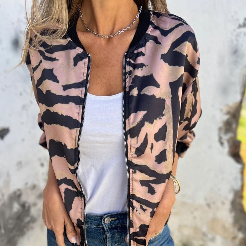 🌸 Women's Fall Zebra Print Zipper Bomber Jacket