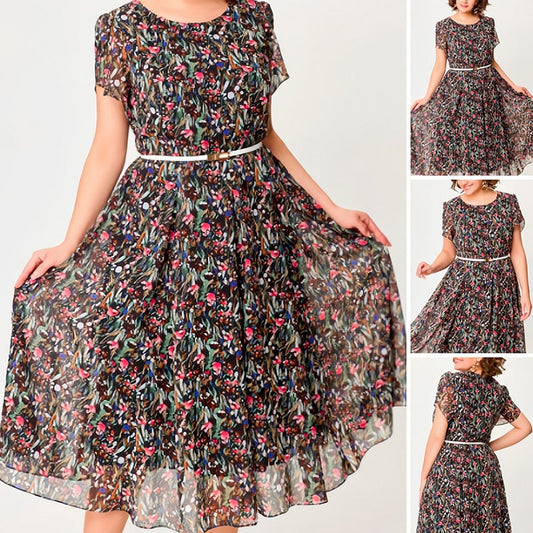 💃Floral chiffon dress with delicate white belt
