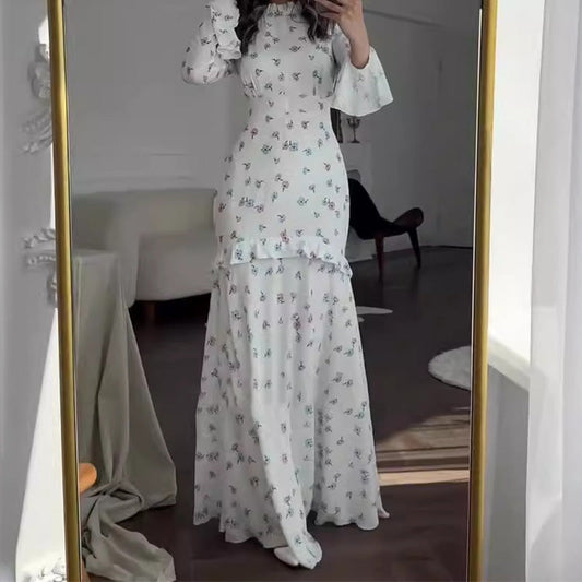 Elegant Floral Print Ruffled Slim Fit Dress