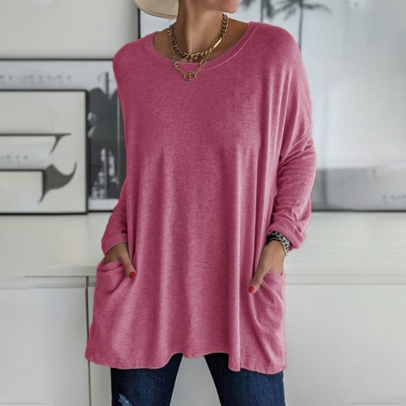 š„Round Neck Long Sleeve Pocket Solid T-Shirtš„