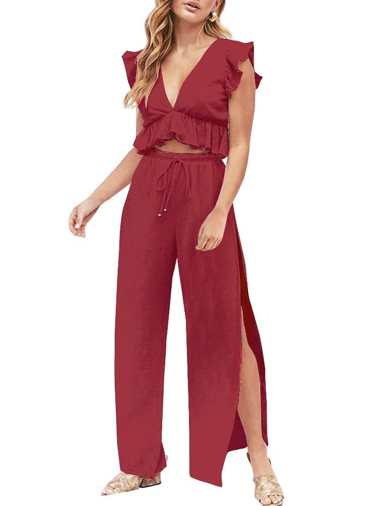 🔥Womens 2 Pieces Outfits Deep V Neck Side Slit Wide Leg Pants Set