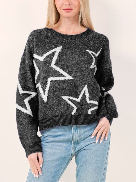 HOT SALE Star Pattern Contrast Long Sleeve Pullover Sweater