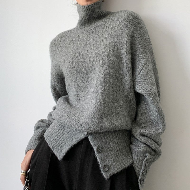 Women's Solid Color Turtleneck Sweater with Buttons
