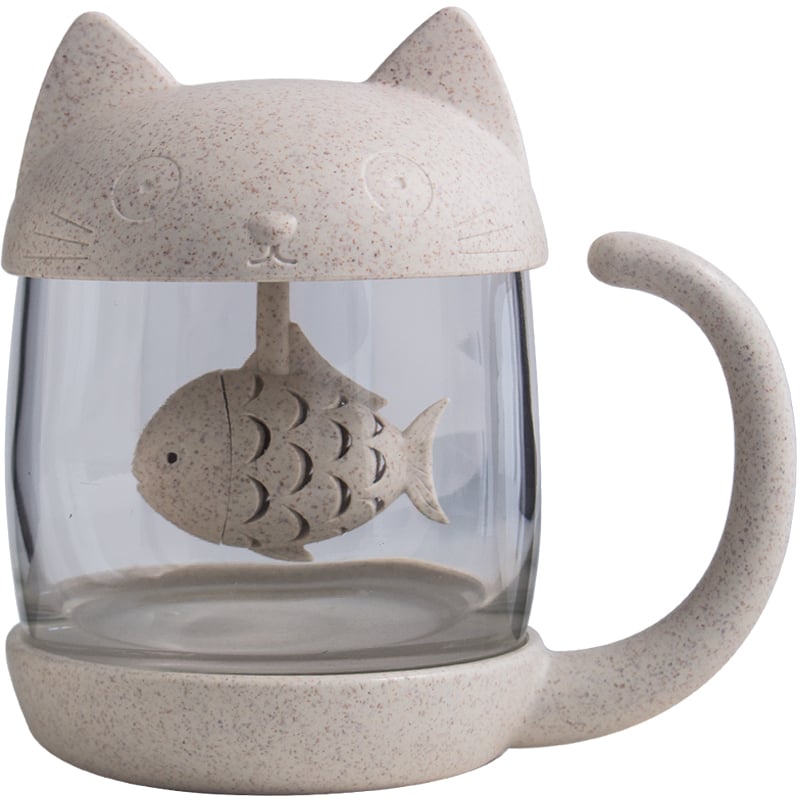 Kitten and fish teacup mug water cup cute and strange glass cup with lid