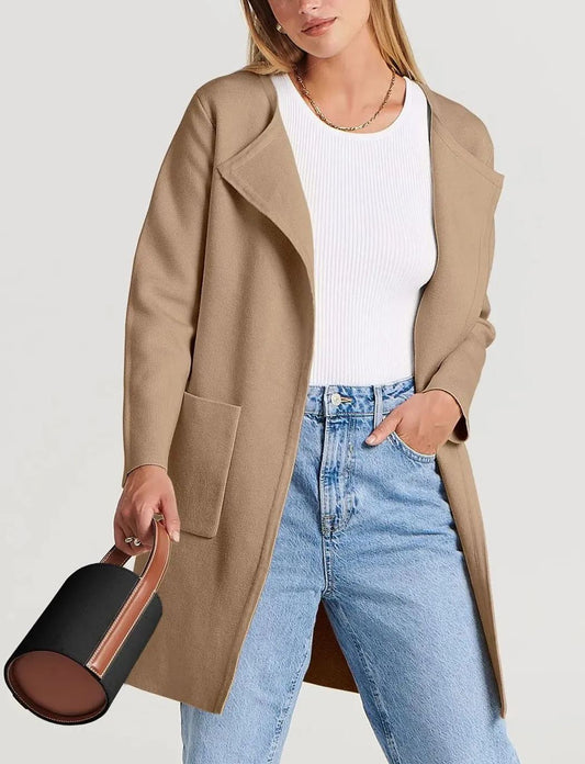 Solid Color Coat Lapel Top Coat with Pockets