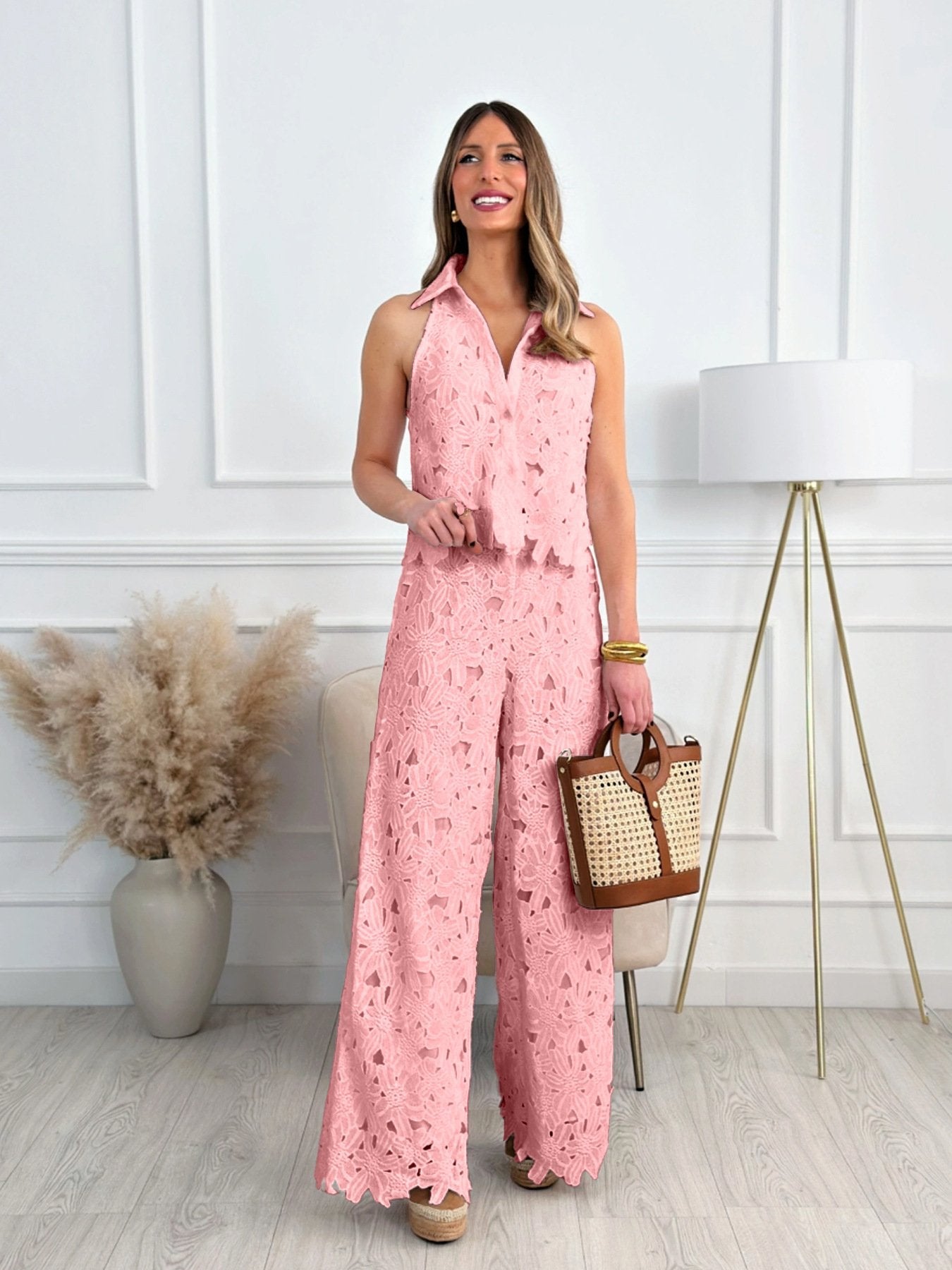 Embroidered Hollow-Out V-Neck Vest and Wide-Leg Straight Trousers Set