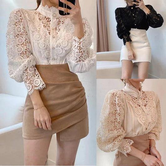 Hollow Floral High Neck Blouse