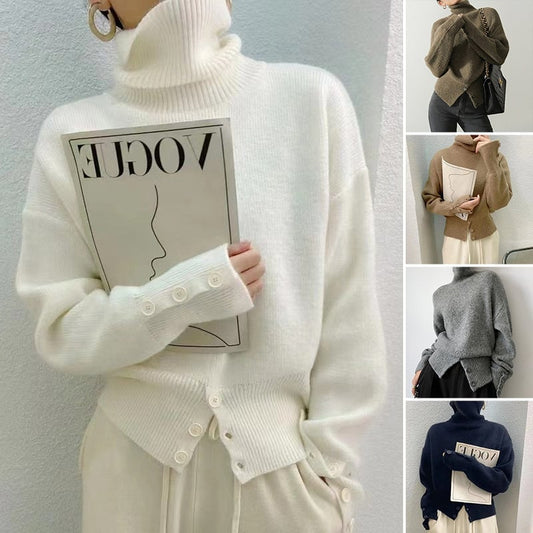 Women's Solid Color Turtleneck Sweater with Buttons