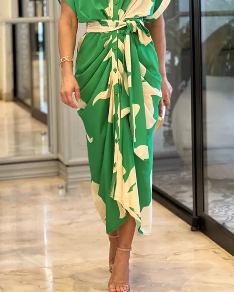 🌸Casual Lapel Neck Waist Print Shirt Dress