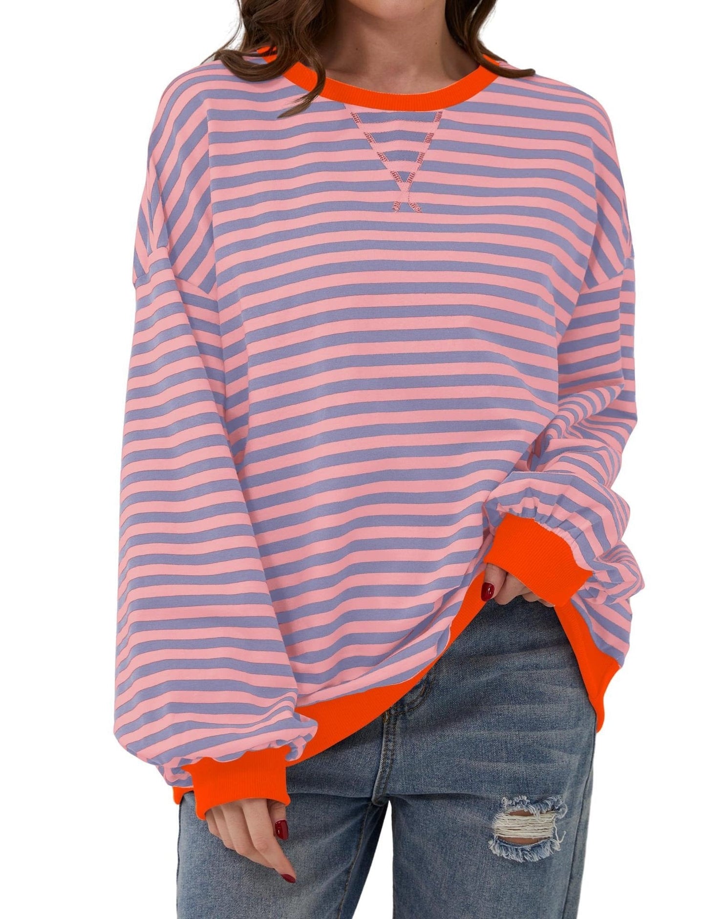WOMEN'S OVERSIZED STRIPED LONG SLEEVE PULLOVER