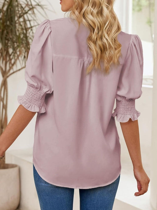 🔥WOMEN'S V NECK DRESSY PUFF RUFFLE BLOUSE CASUAL SHORT SLEEVE TOPS