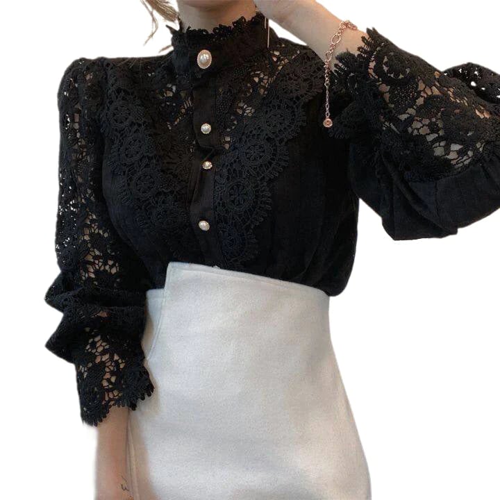 Hollow Floral High Neck Blouse