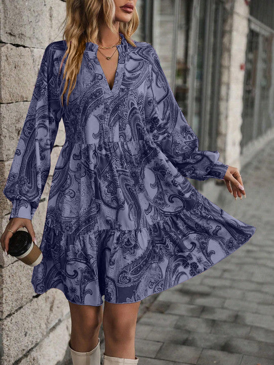 Women's Paisley Print Lantern Sleeve Ruffle Hem Smock Dress