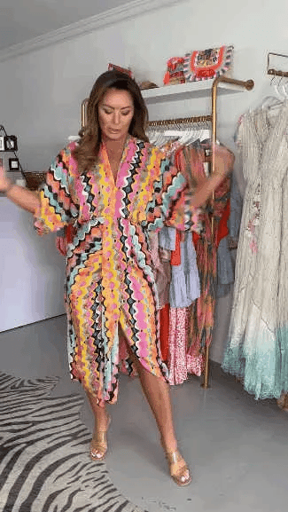 👗Geometry Multi Print V-neck Kimono Dress