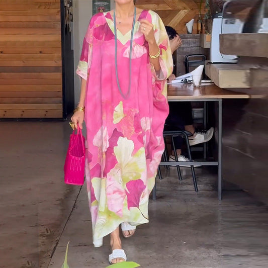 🔥Floral Print Loose Long Dress with Half Sleeves