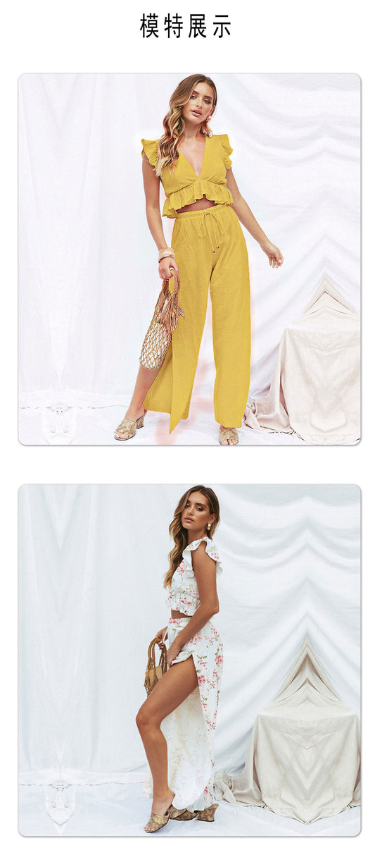 🔥Womens 2 Pieces Outfits Deep V Neck Side Slit Wide Leg Pants Set