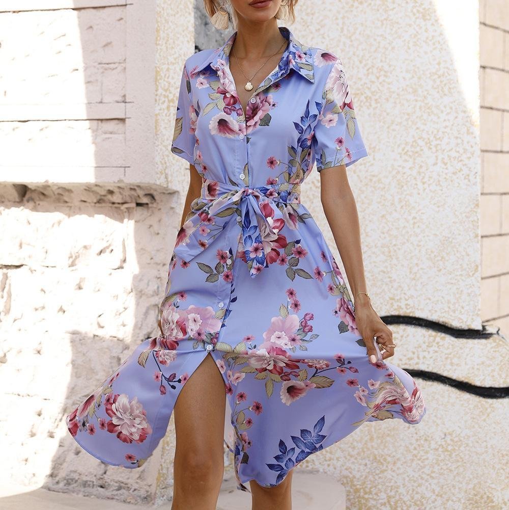 Nipped Waist Single-Breasted Printed Short Sleeve Dress