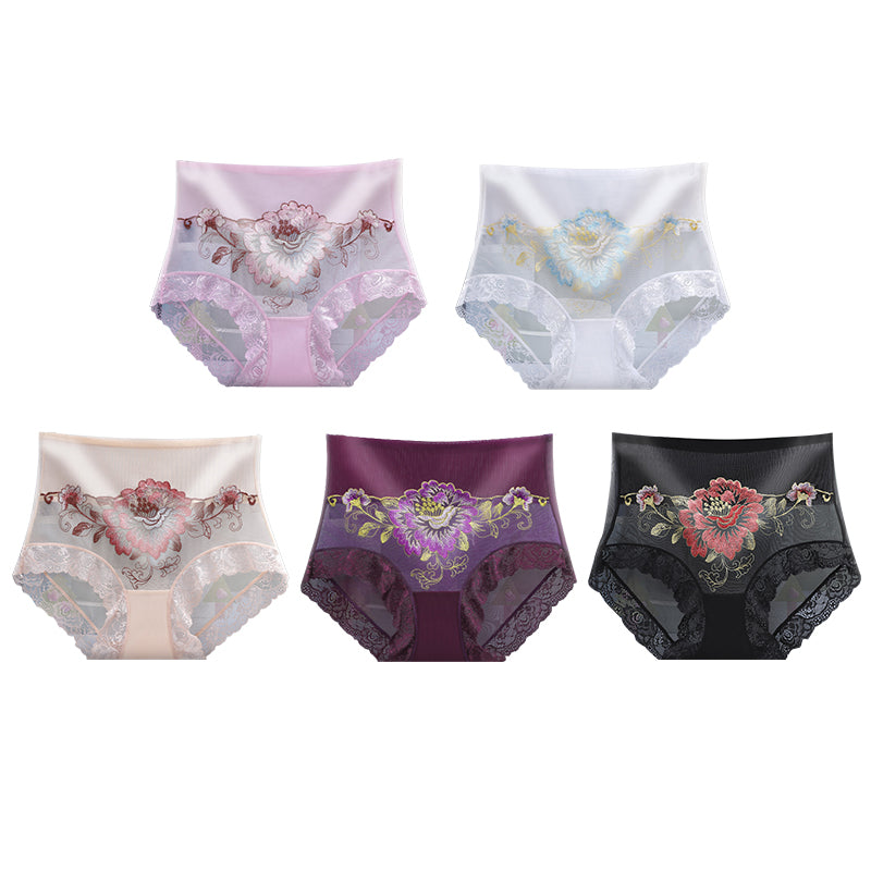 High Waist Premium Lace Embroidered Panties (5-Pack)