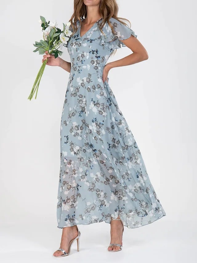 Short Sleeve Long Dress With Floral Print