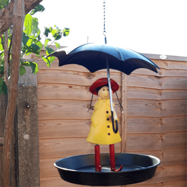 Bird Feeder Metal Hanging Chain Girl and Umbrella Bird Feeder for Wild Birds