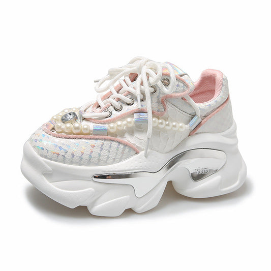 Rhinestone mesh breathable height-increasing sneakers