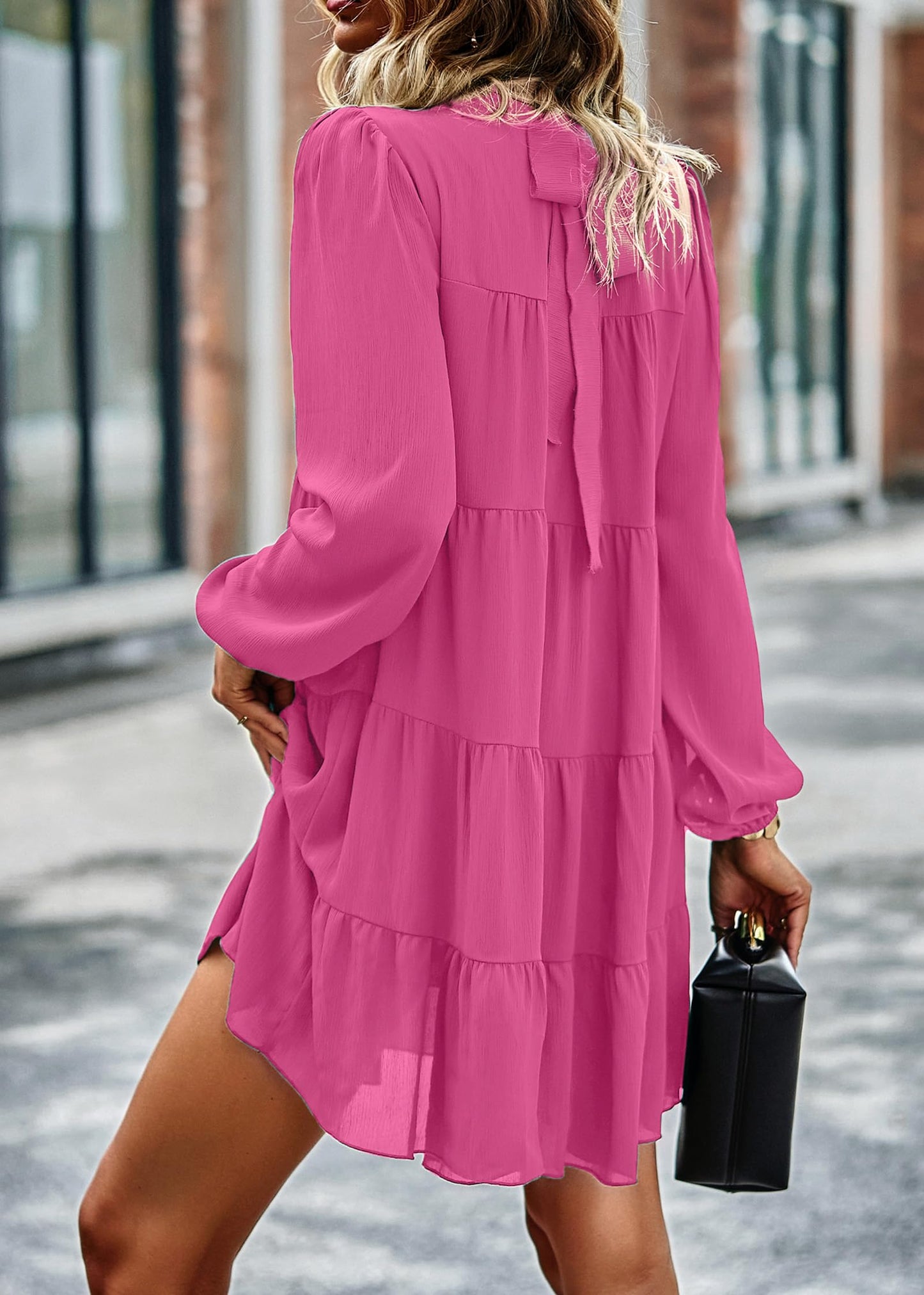 Womens Casual Long Sleeve Mock Neck Ruffle Tiered Babydoll Dress