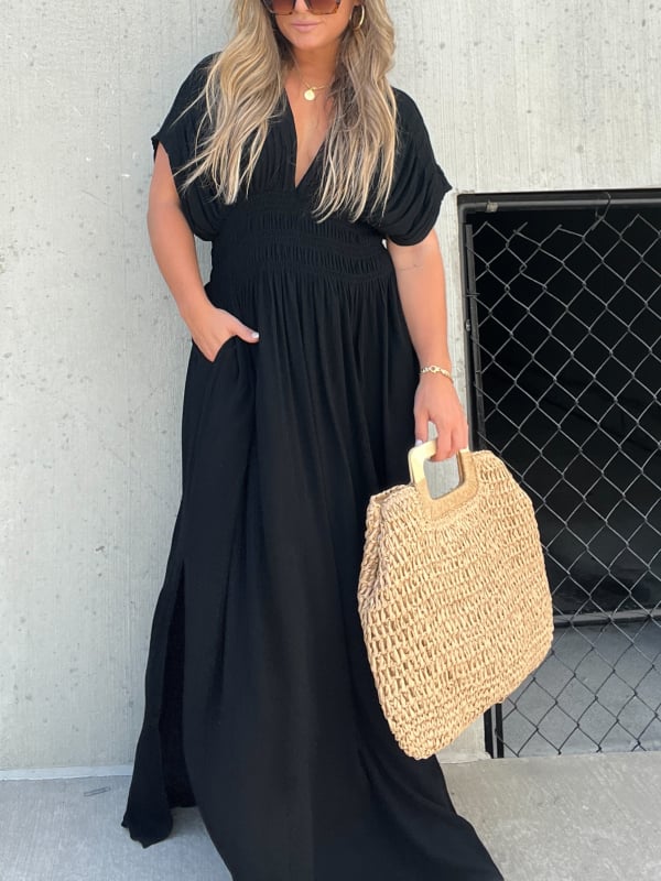 SLIT V-NECK EFFORTLESS MAXI LONG DRESS