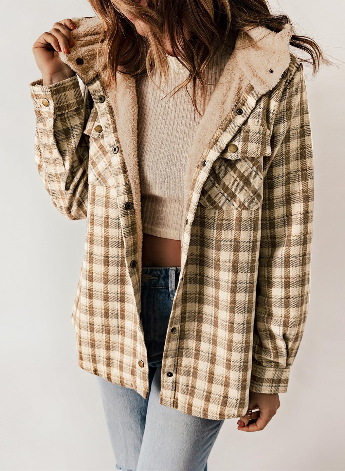 ⏰Hot Sale-Women's Plaid Long Sleeve Button Fleece Hooded Jacket