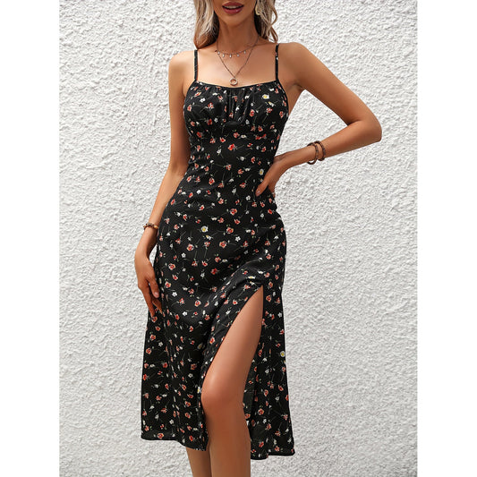 Polka Dot Print Maxi Dress with Sexy Slit and Suspender Straps