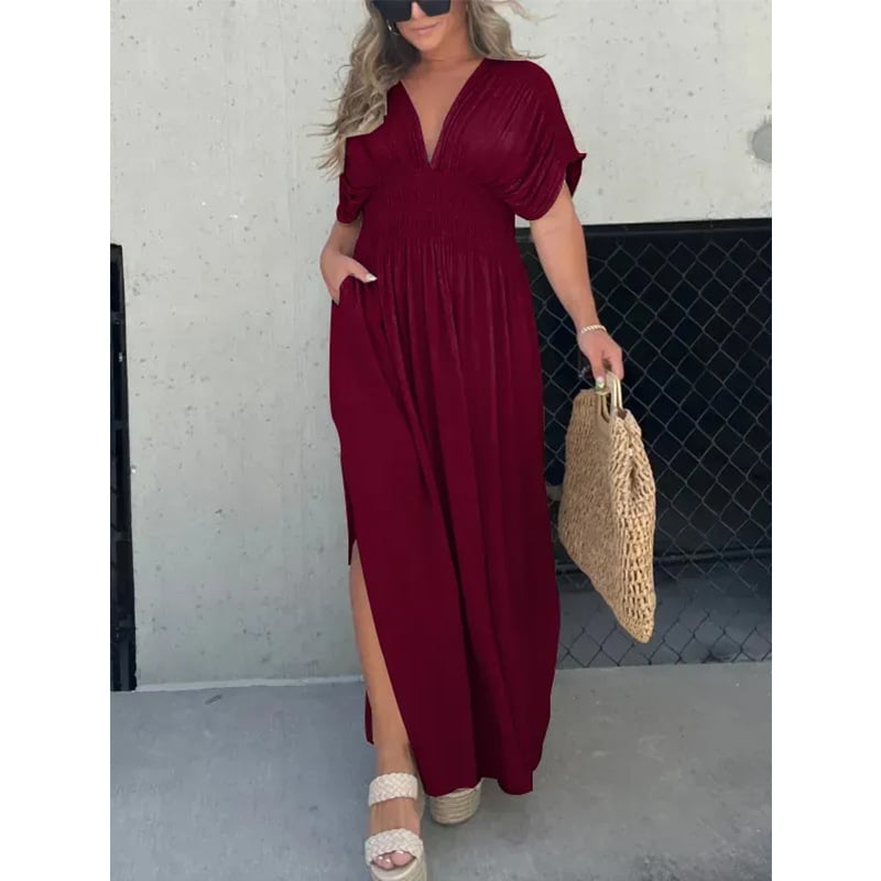 SLIT V-NECK EFFORTLESS MAXI LONG DRESS