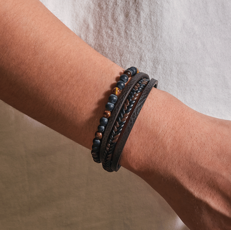 Natural Stone Obsidian Magnetic Buckle Men's Leather Bracelet-3 styles