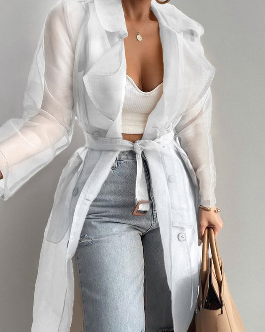 Sheer Mesh Long Sleeve Transparent Jacket Coat Buttoned Longline Trench Coat with Belt